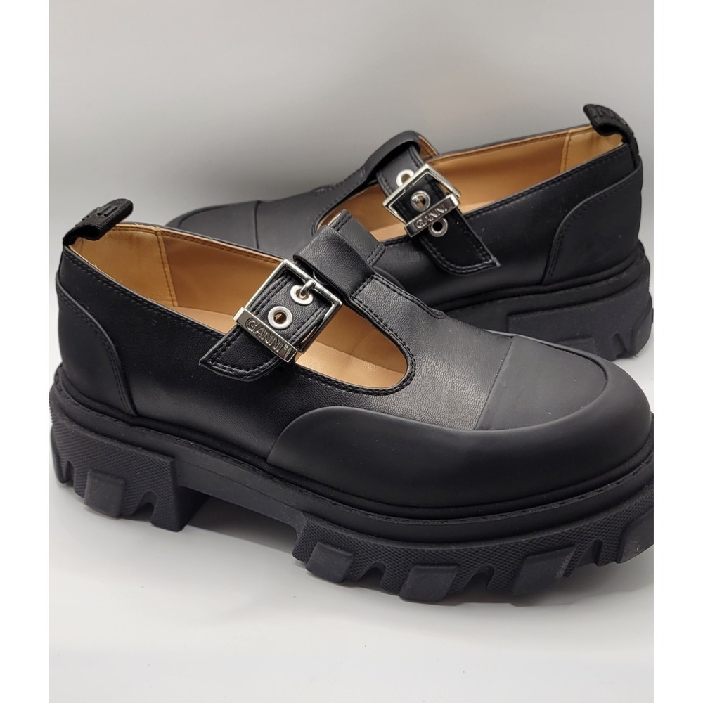 Black Leather Ganni Toe Cap Mary Jane  Cleated Shoe Size 36